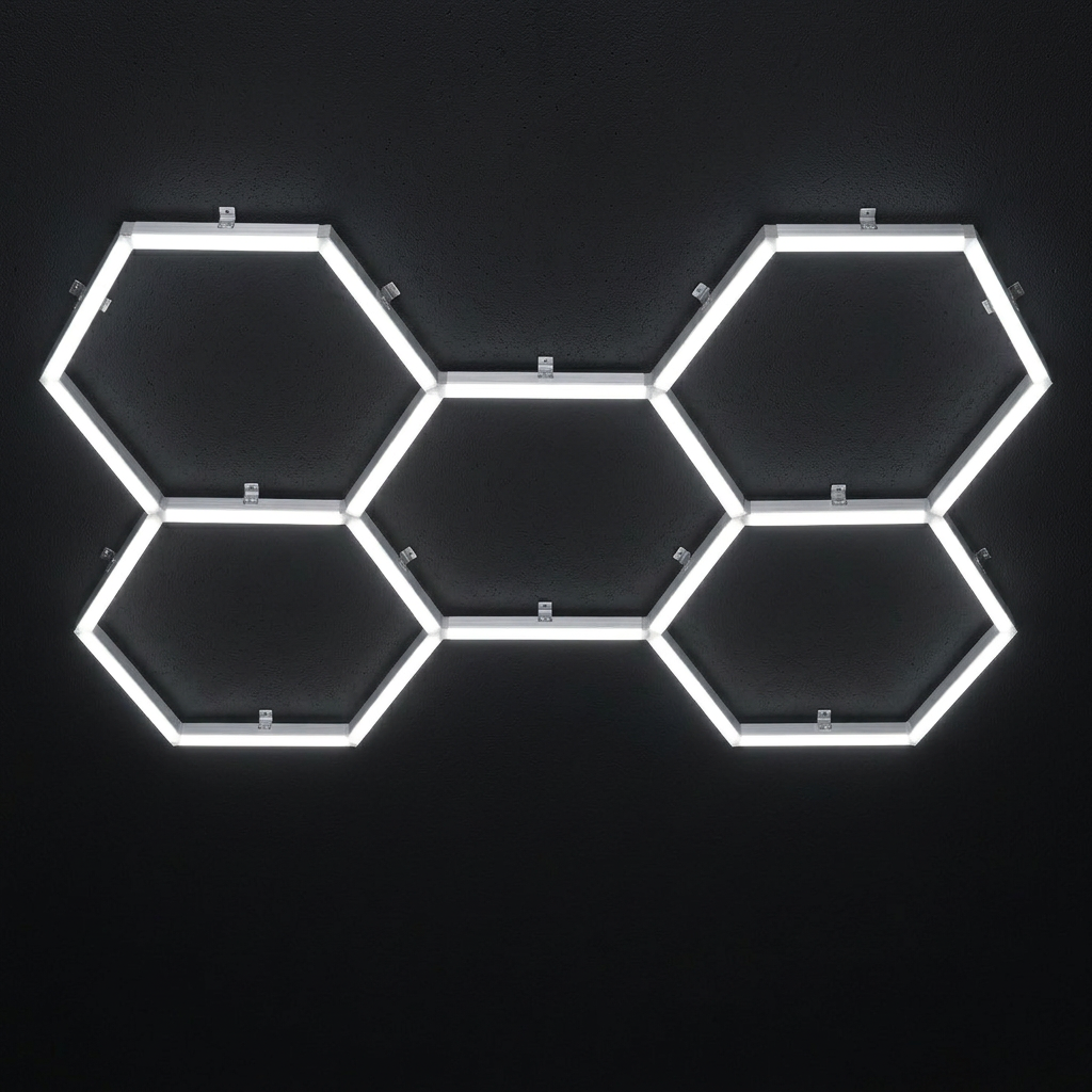 Close view of the hexagon LED tubes and housing