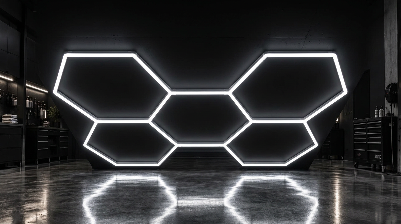 Hexagonal LED ceiling light, five glowing hexagons in a 2-1-2 honeycomb layout